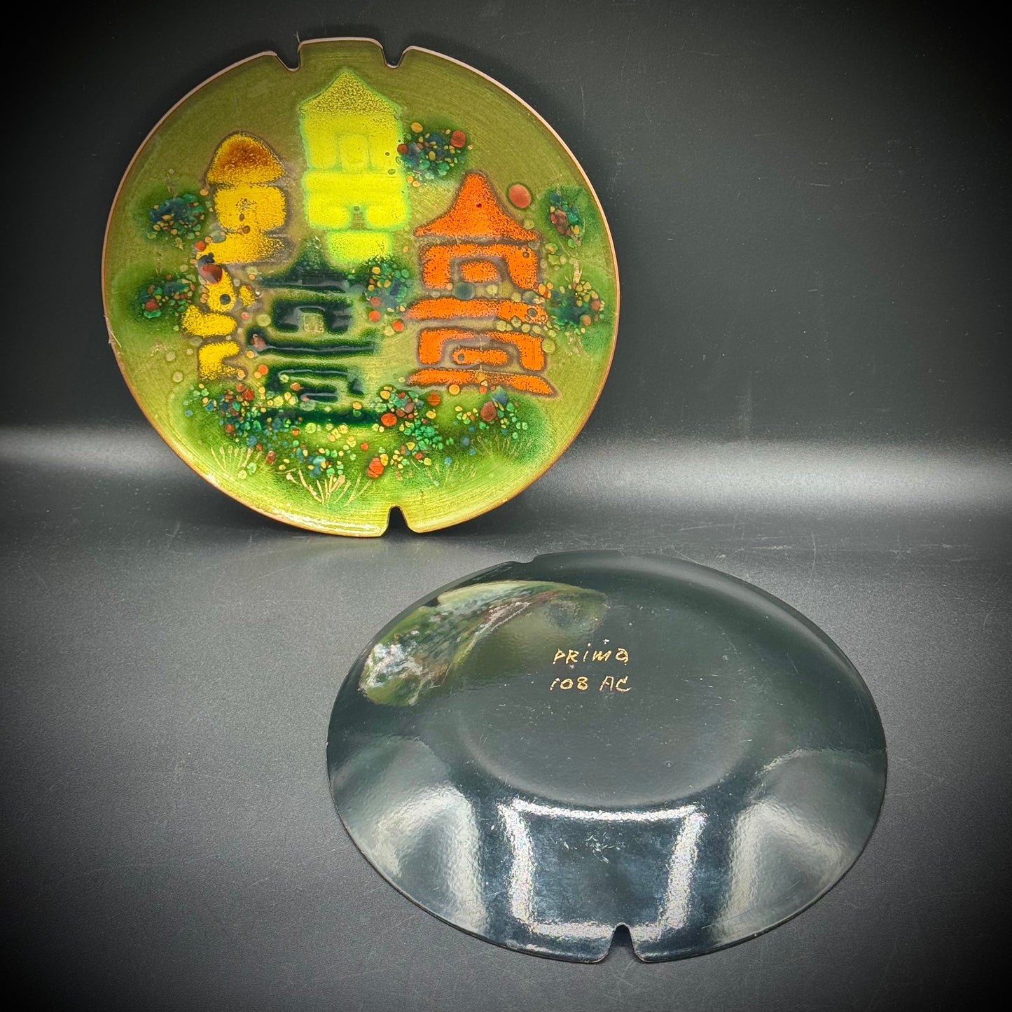 Pair of VIntage MCM Prima Hand Made Enamel on Copper Dishes