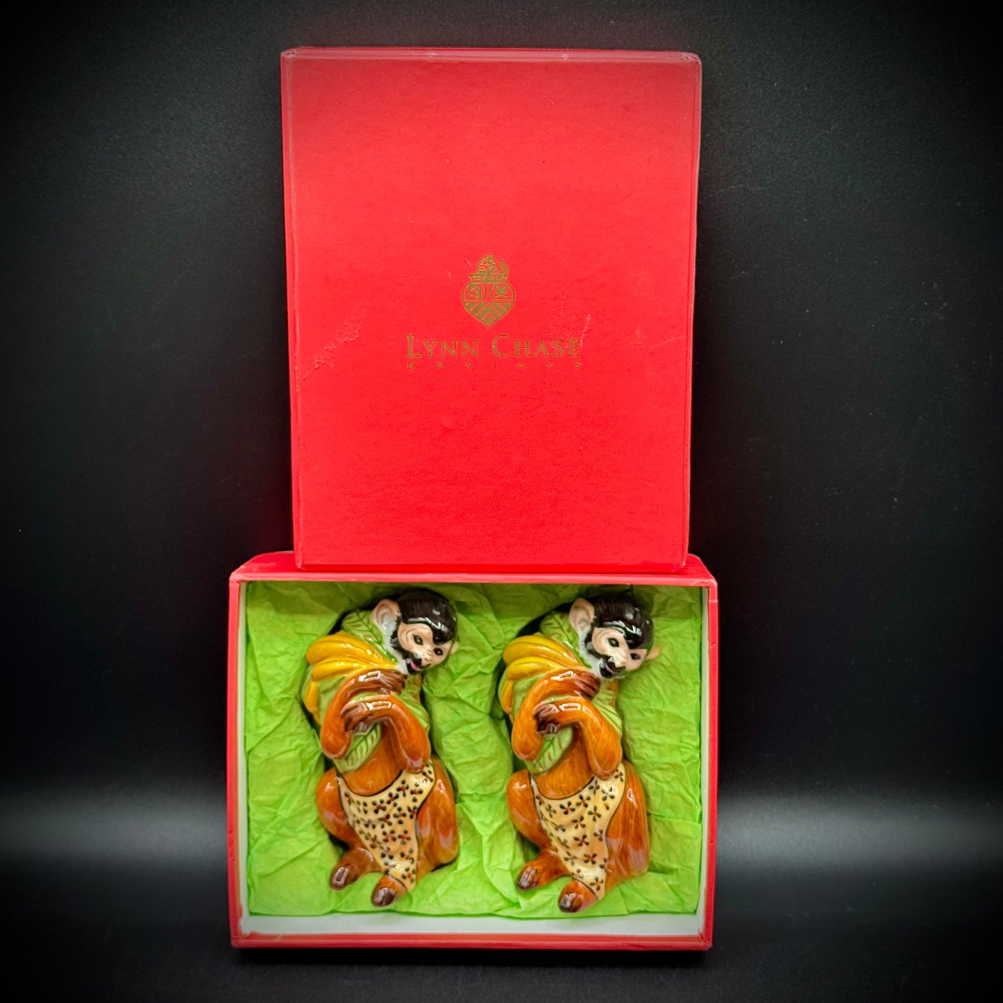 RARE Lynn Chase Designs "Monkey Business" Hungarian Hollohaza Handcrafted S&P Set - New in Box