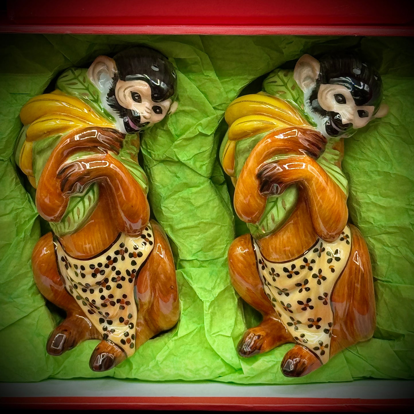 RARE Lynn Chase Designs "Monkey Business" Hungarian Hollohaza Handcrafted S&P Set - New in Box