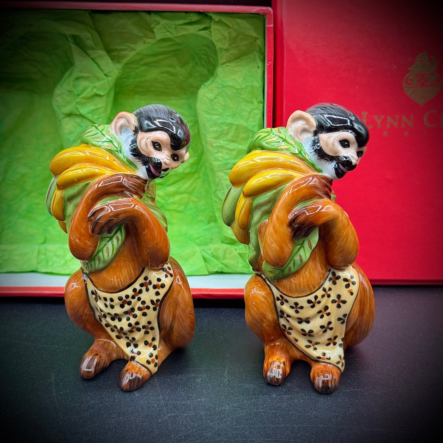 RARE Lynn Chase Designs "Monkey Business" Hungarian Hollohaza Handcrafted S&P Set - New in Box