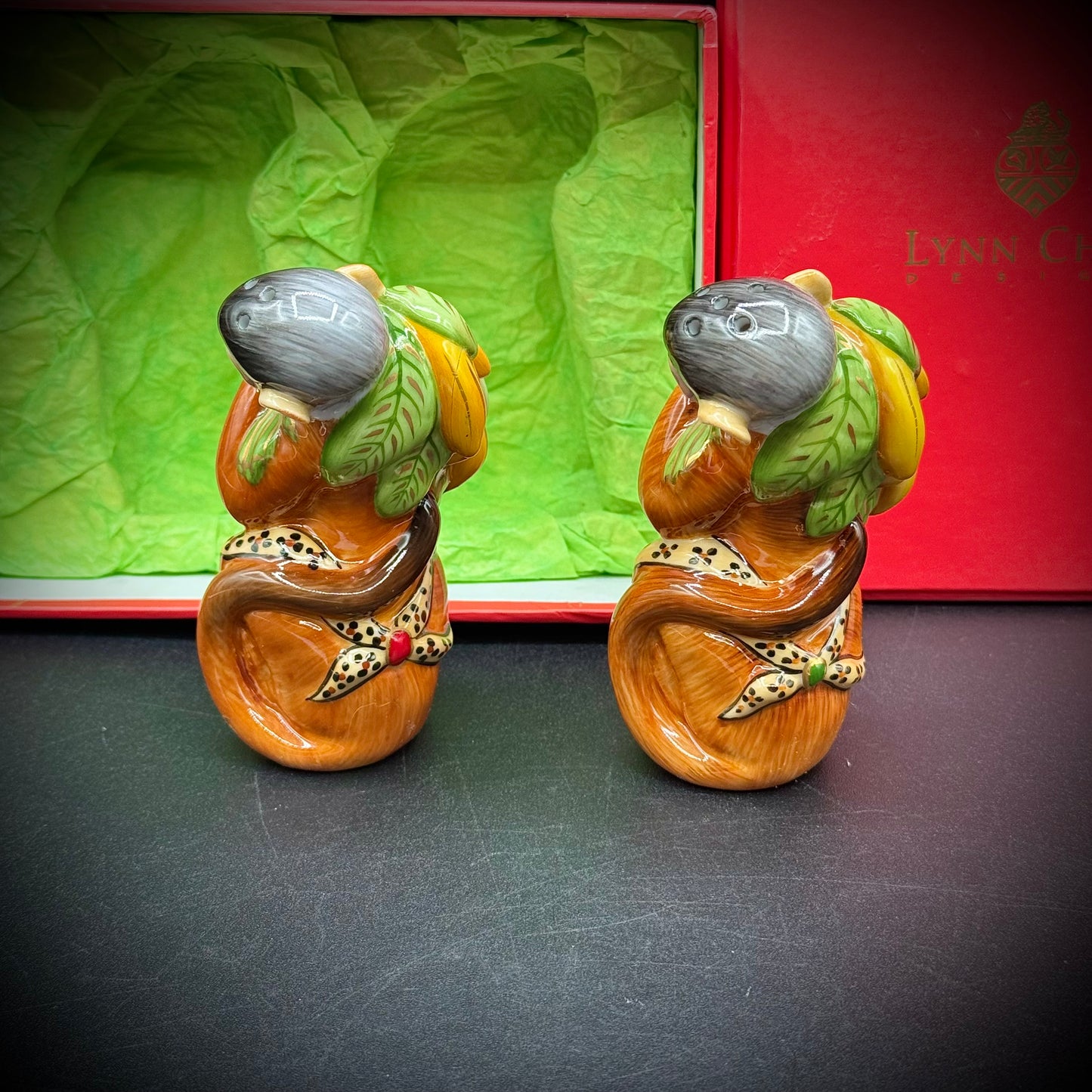 RARE Lynn Chase Designs "Monkey Business" Hungarian Hollohaza Handcrafted S&P Set - New in Box