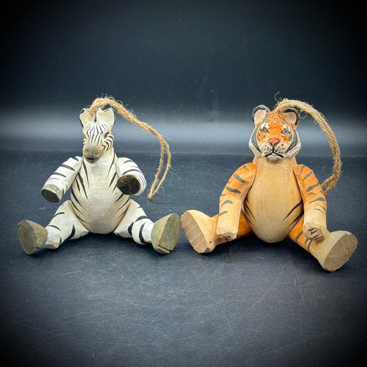 Adorable Pair of Hand Carved Wood Artist Signed Articulating Hanging Zebra & Tiger