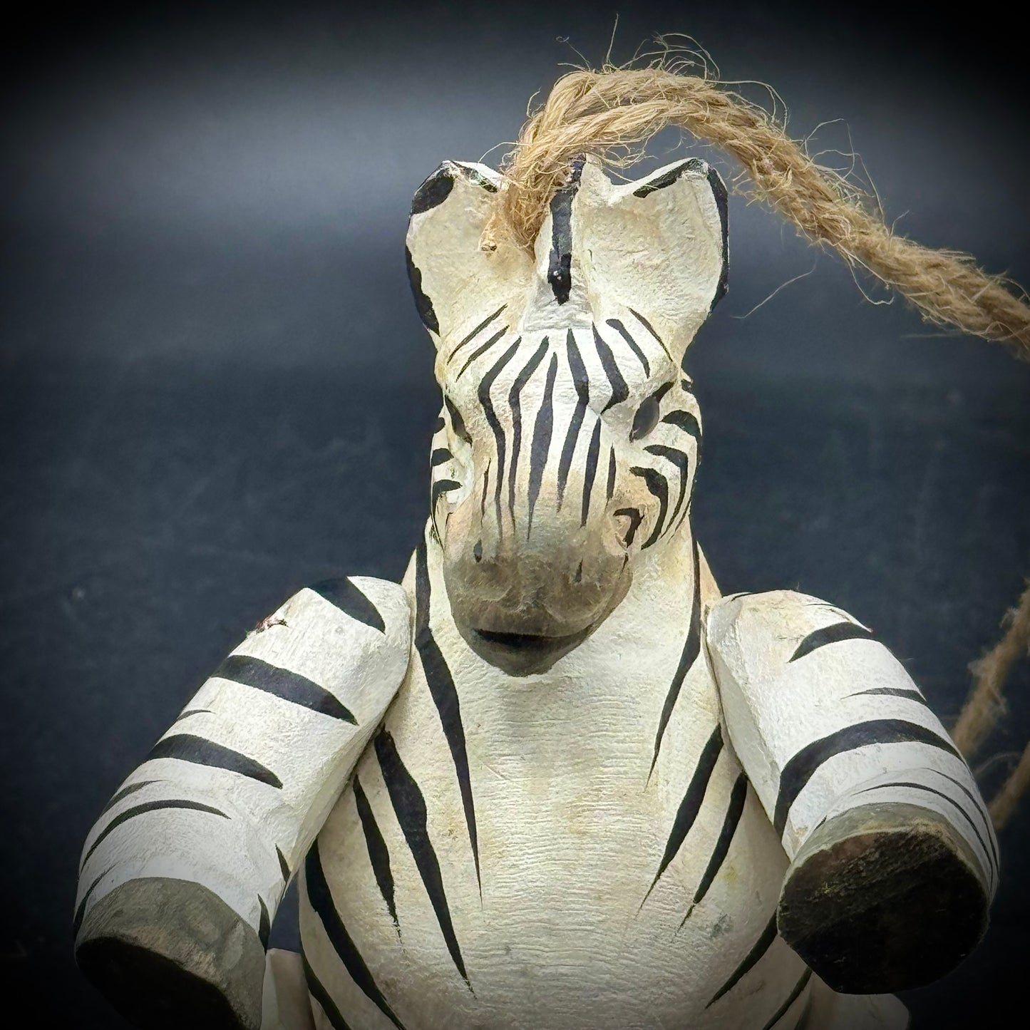 Adorable Pair of Hand Carved Wood Artist Signed Articulating Hanging Zebra & Tiger
