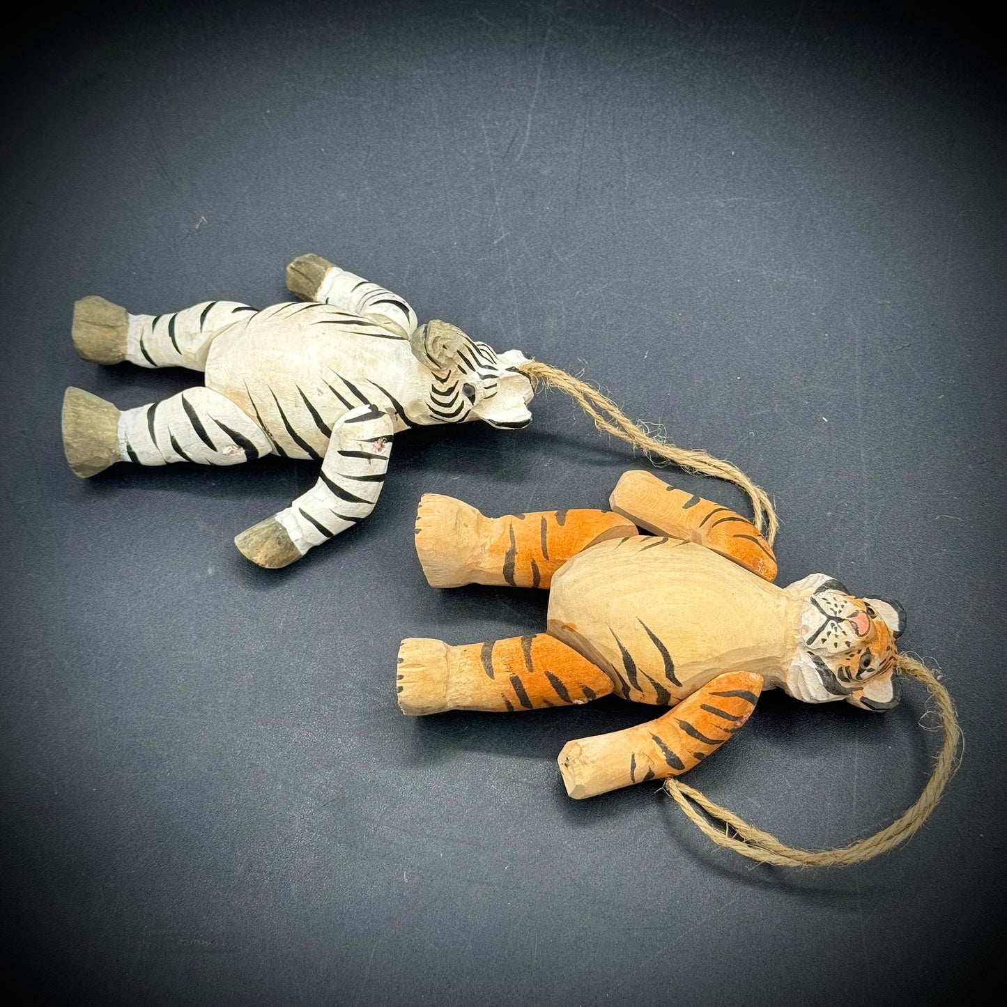 Adorable Pair of Hand Carved Wood Artist Signed Articulating Hanging Zebra & Tiger