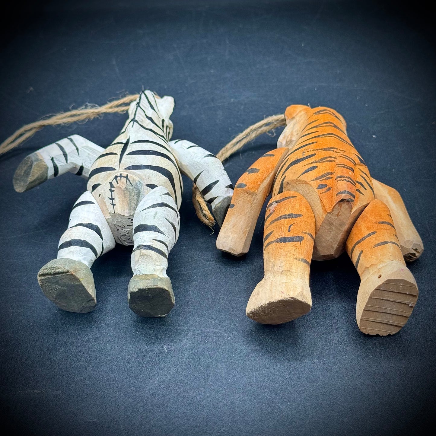 Adorable Pair of Hand Carved Wood Artist Signed Articulating Hanging Zebra & Tiger