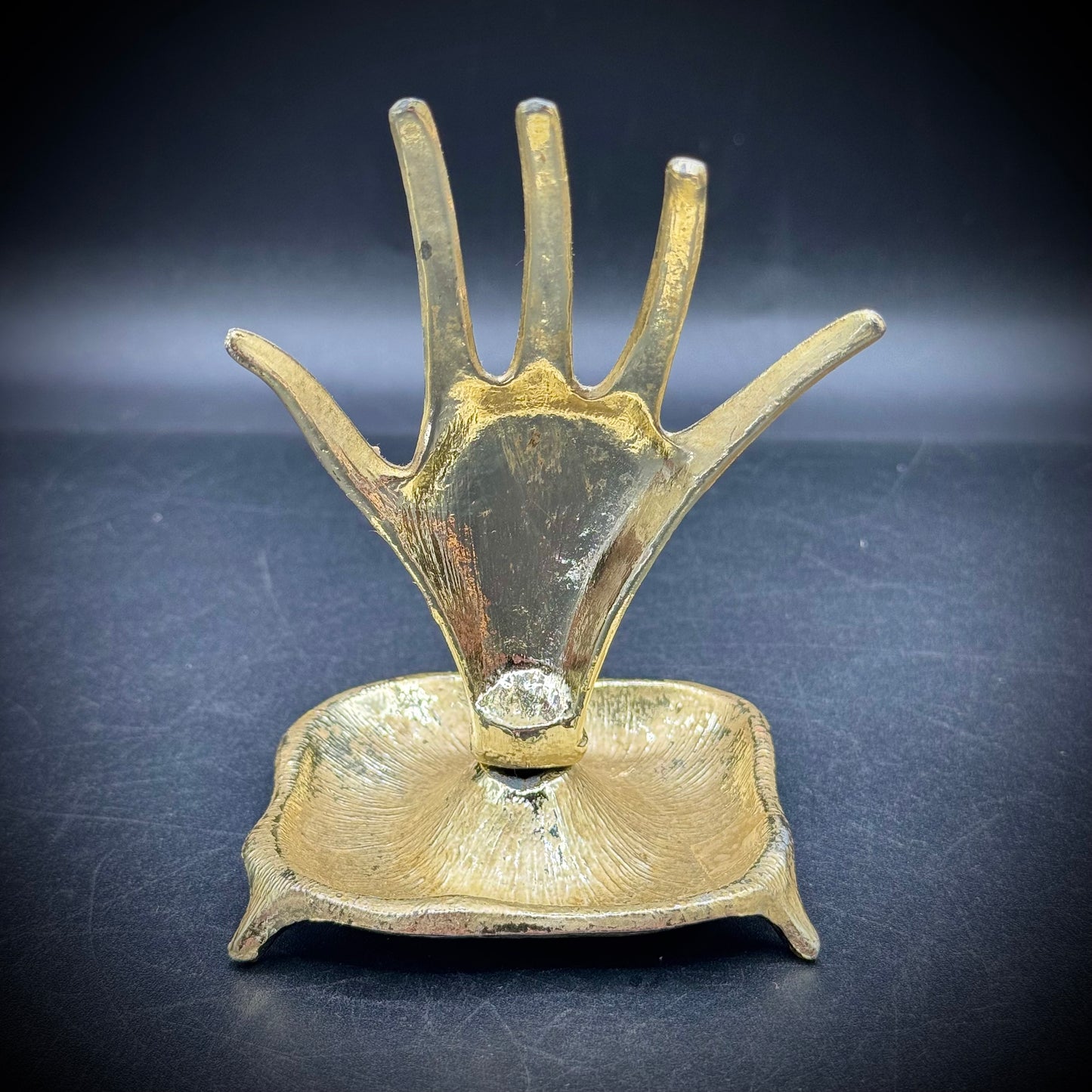 Vintage 1970s Gold Tone Hand Ring Holder & Trinket Dish