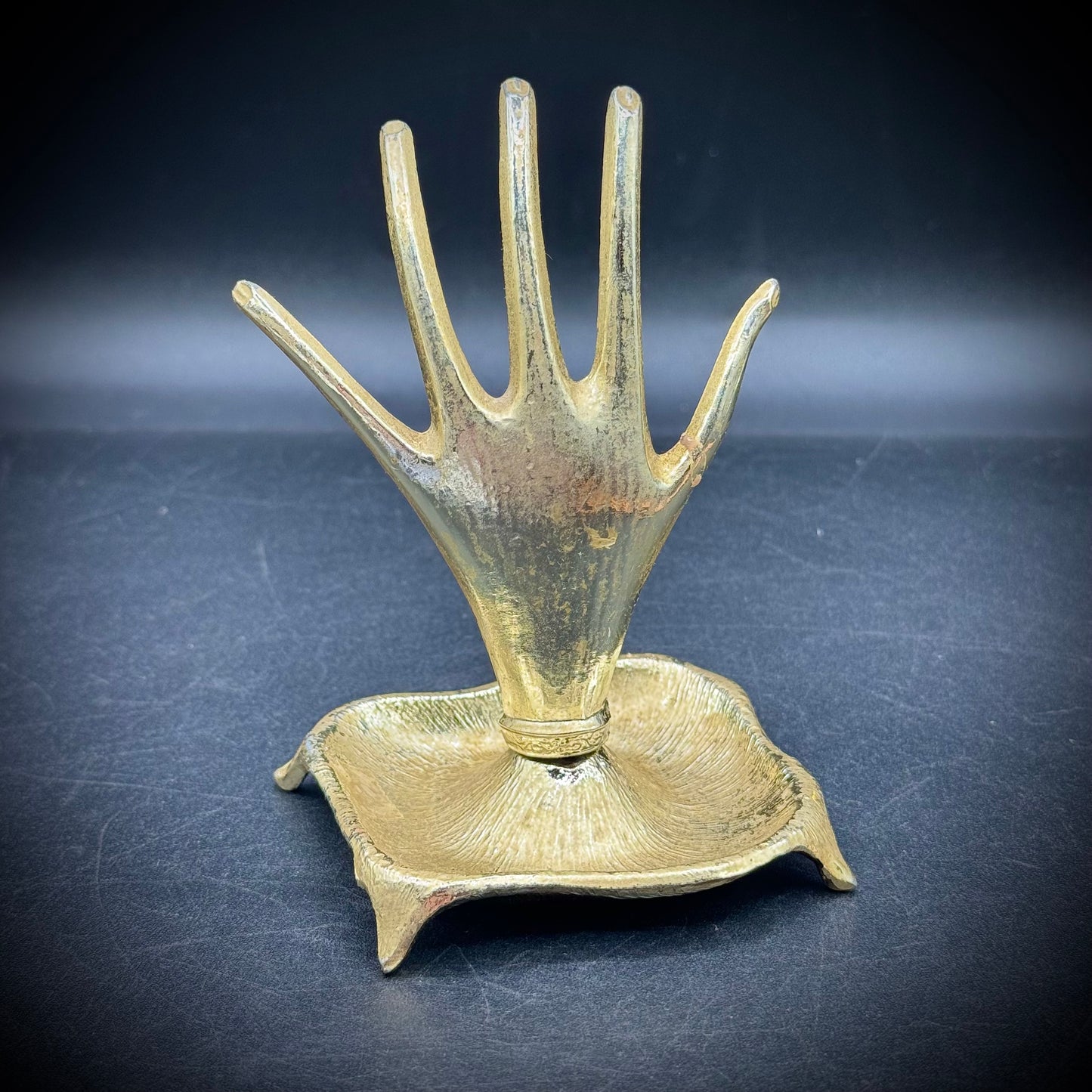 Vintage 1970s Gold Tone Hand Ring Holder & Trinket Dish