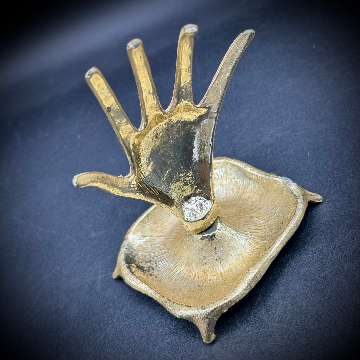 Vintage 1970s Gold Tone Hand Ring Holder & Trinket Dish