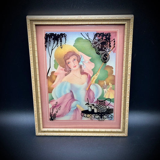 Framed 1930s Convex Glass and Printed Southern Belle Art