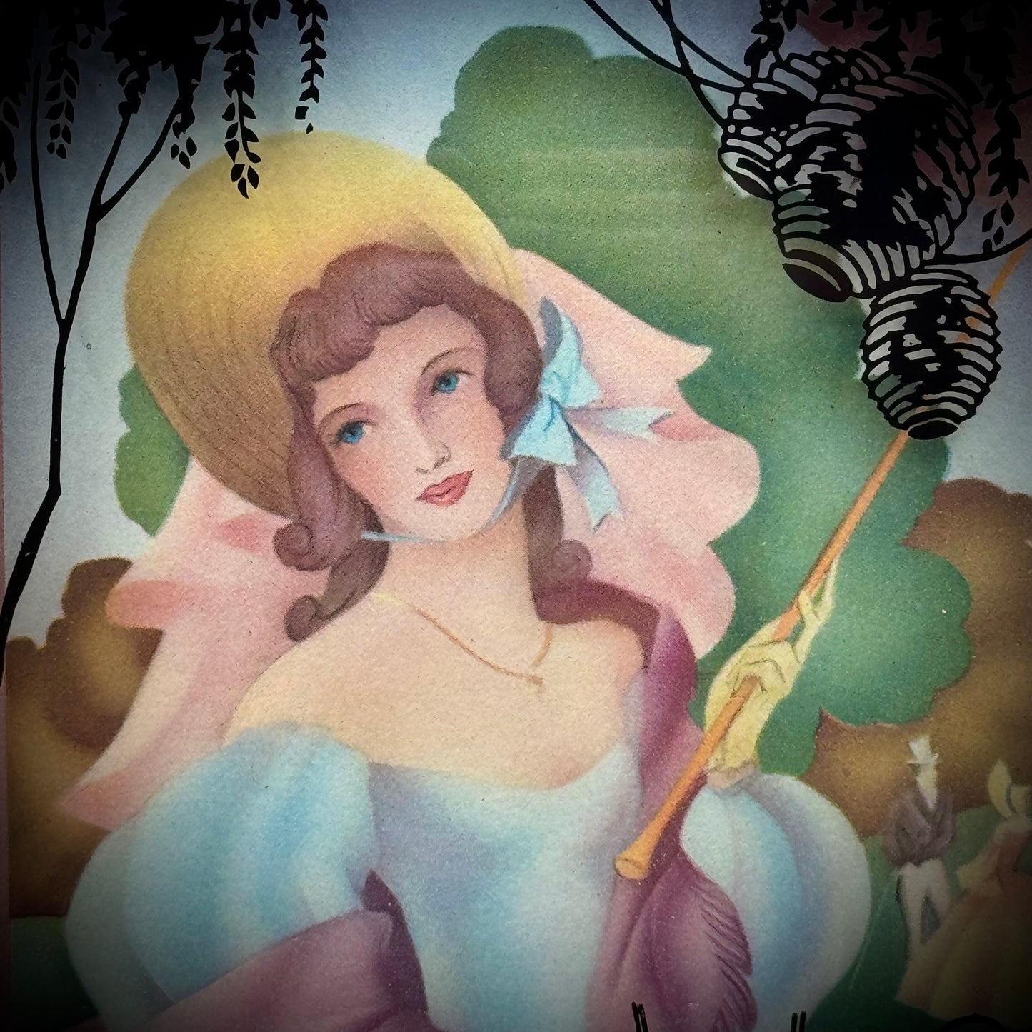 Framed 1930s Convex Glass and Printed Southern Belle Art