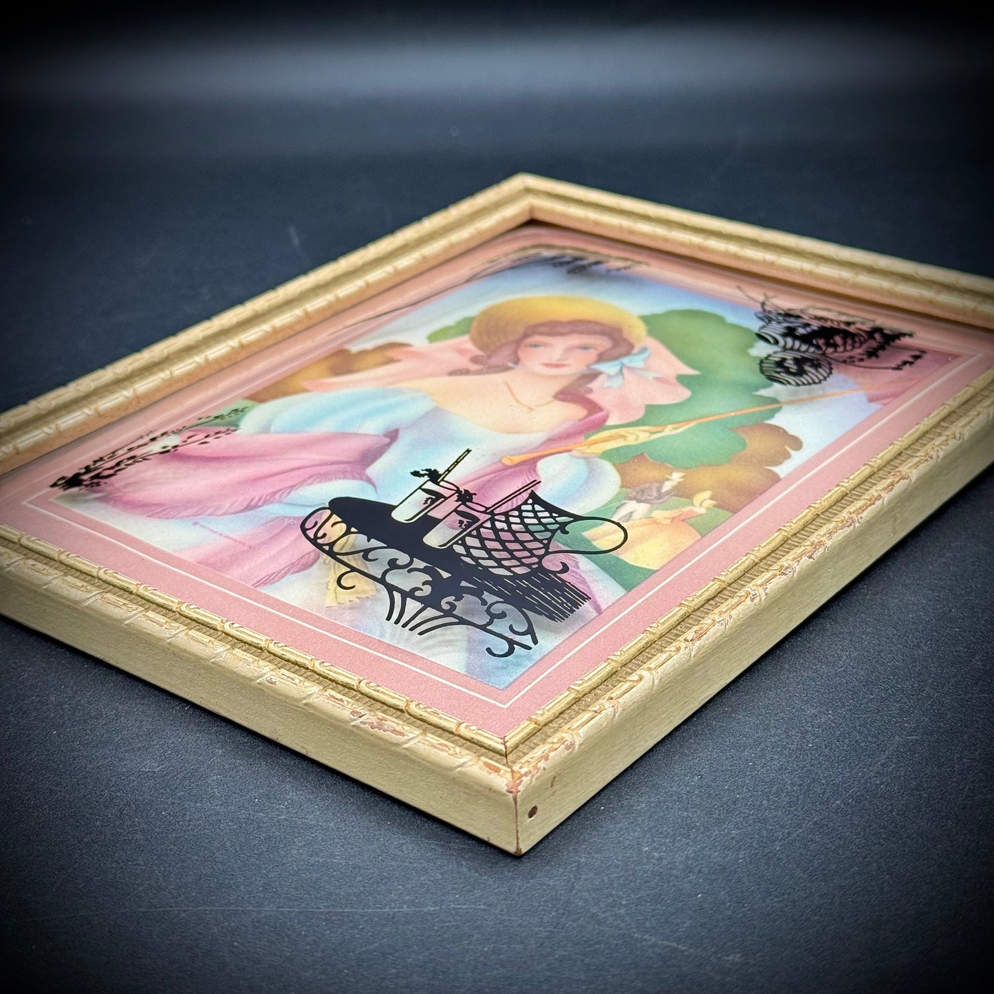 Framed 1930s Convex Glass and Printed Southern Belle Art