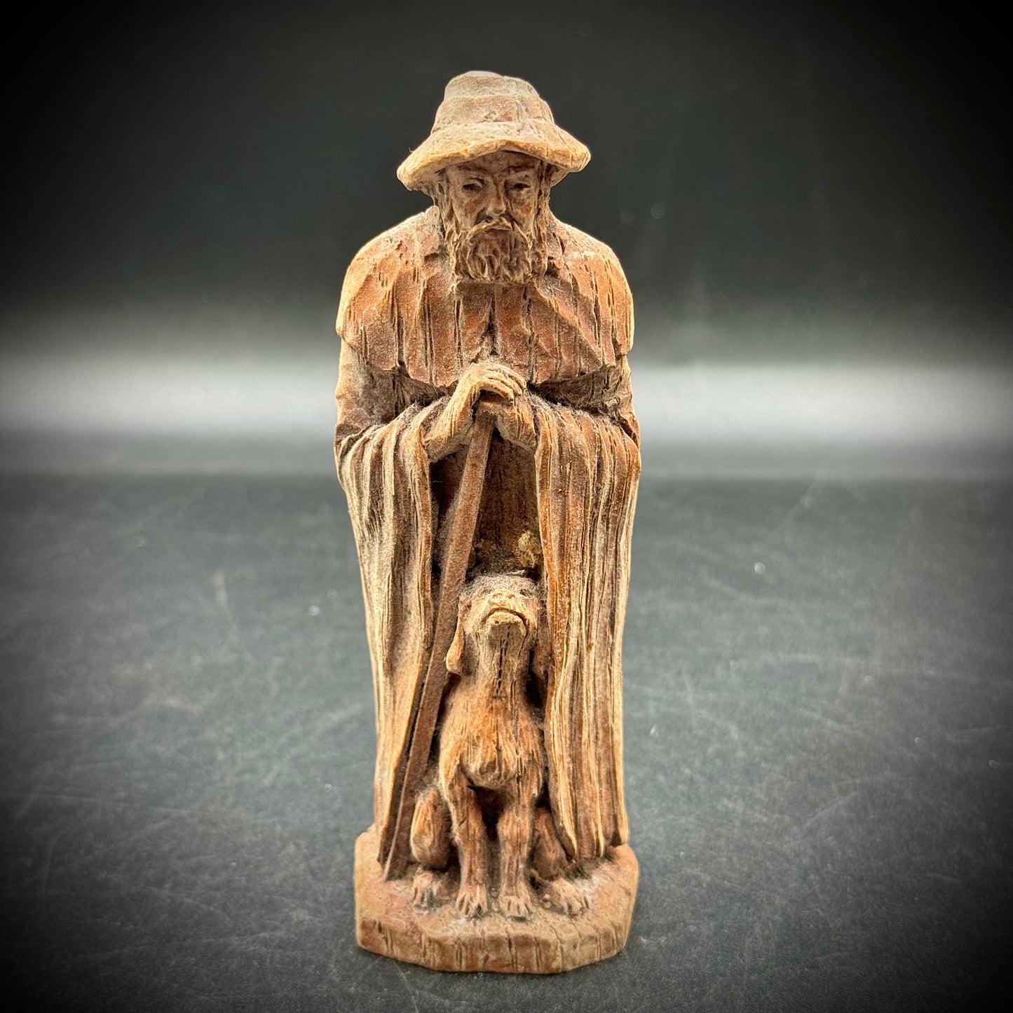 Antique Hand Carved Artist Signed Wood Figure - Man with Dog
