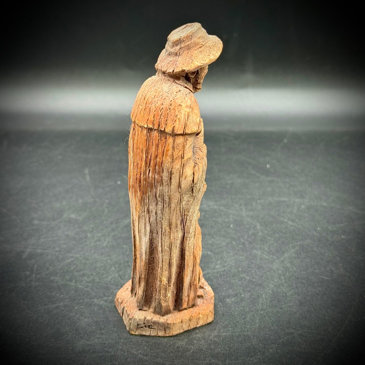 Antique Hand Carved Artist Signed Wood Figure - Man with Dog