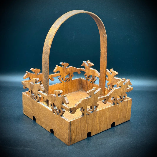 Hand Carved Wooden Basket Depicting Horse Racing - Made in Kentucky