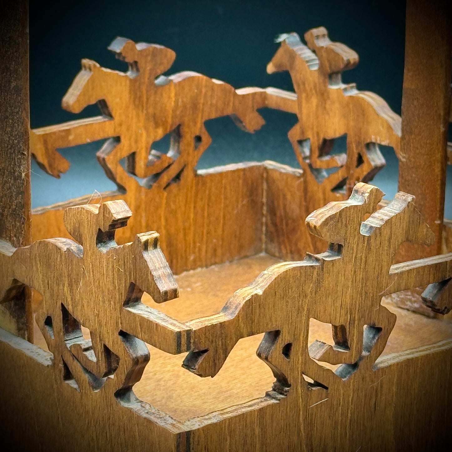 Hand Carved Wooden Basket Depicting Horse Racing - Made in Kentucky