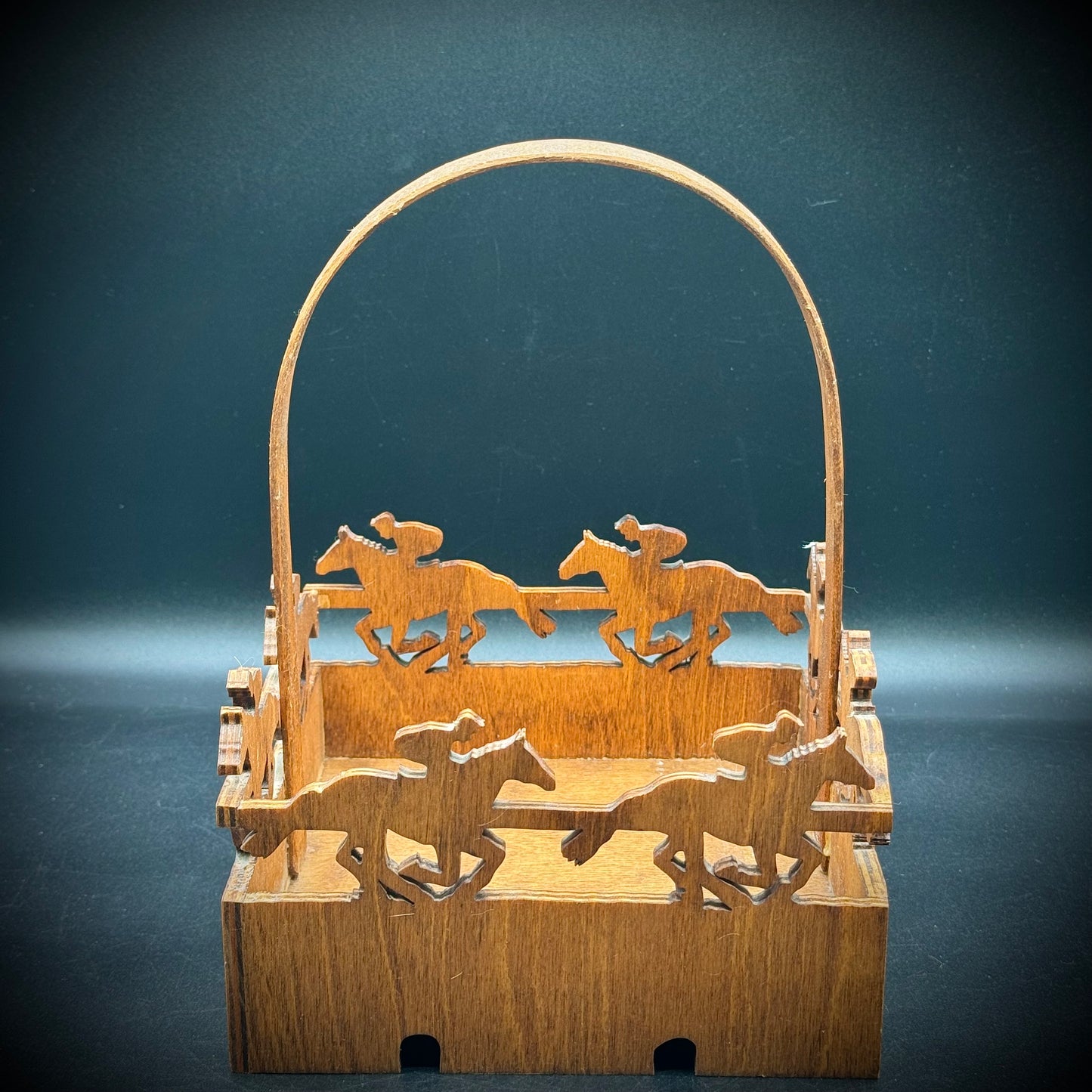 Hand Carved Wooden Basket Depicting Horse Racing - Made in Kentucky