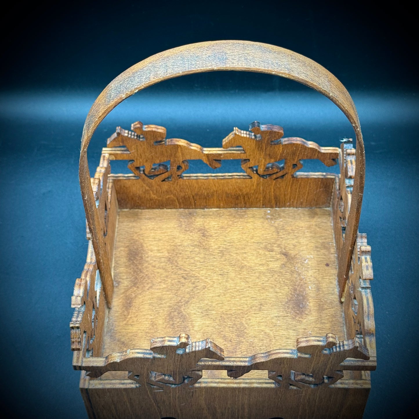 Hand Carved Wooden Basket Depicting Horse Racing - Made in Kentucky