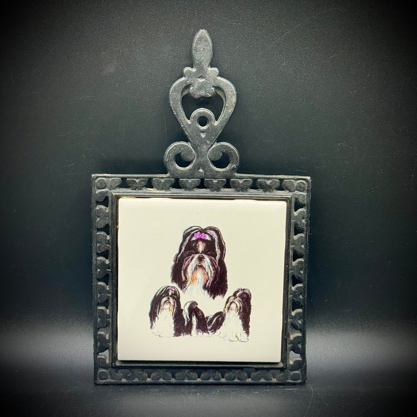 Vintage Shih Tzu Porcelain & Cast Iron Tile/Trivet