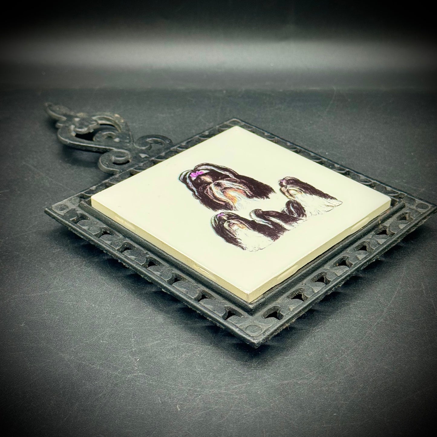 Vintage Shih Tzu Porcelain & Cast Iron Tile/Trivet