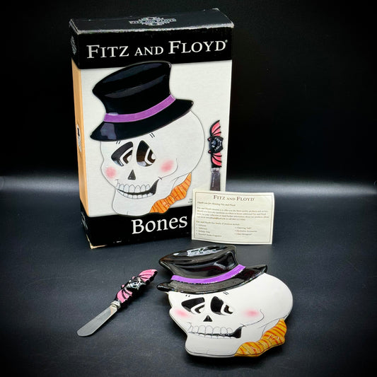 Rare Fitz & Floyd 2006 "Bones" Halloween Plate & Knife Set
