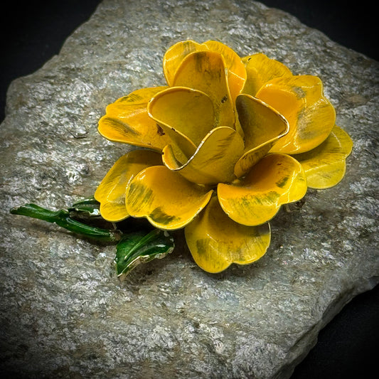 Vintage Enamel Yellow Rose Flower Brooch