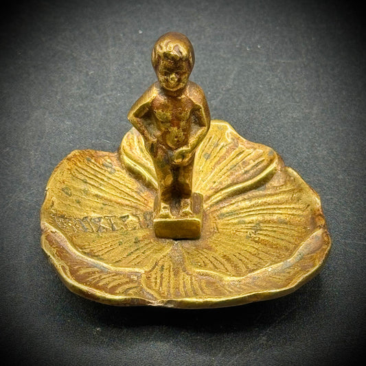 Vintage Brass Cherub on Leaf Belgium Motif Trinket Dish