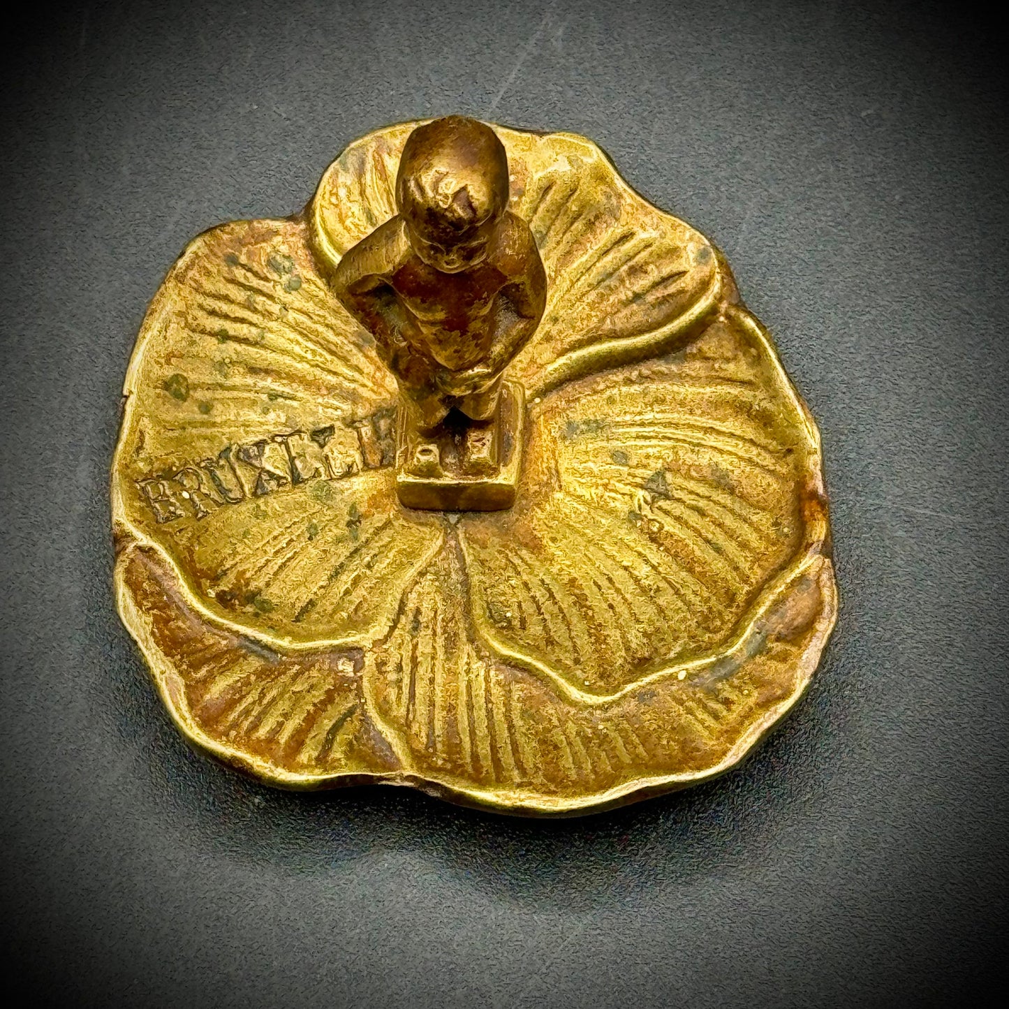 Vintage Brass Cherub on Leaf Belgium Motif Trinket Dish