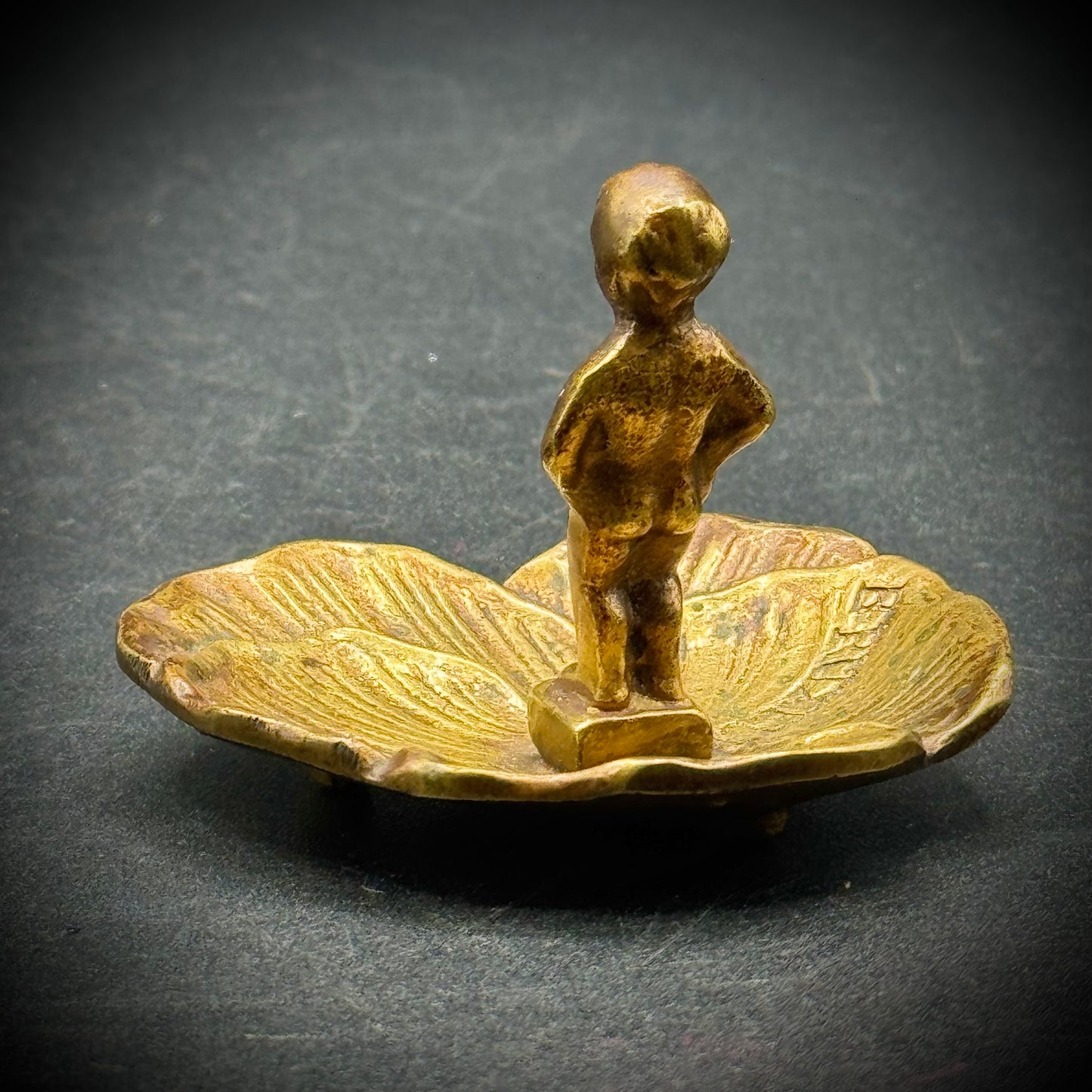 Vintage Brass Cherub on Leaf Belgium Motif Trinket Dish