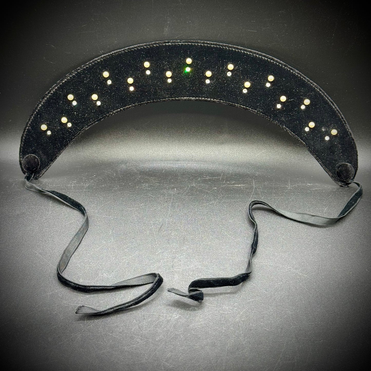 Vintage Black Velvet Faux Pearl & Rhinestone Head Band/Bonnet