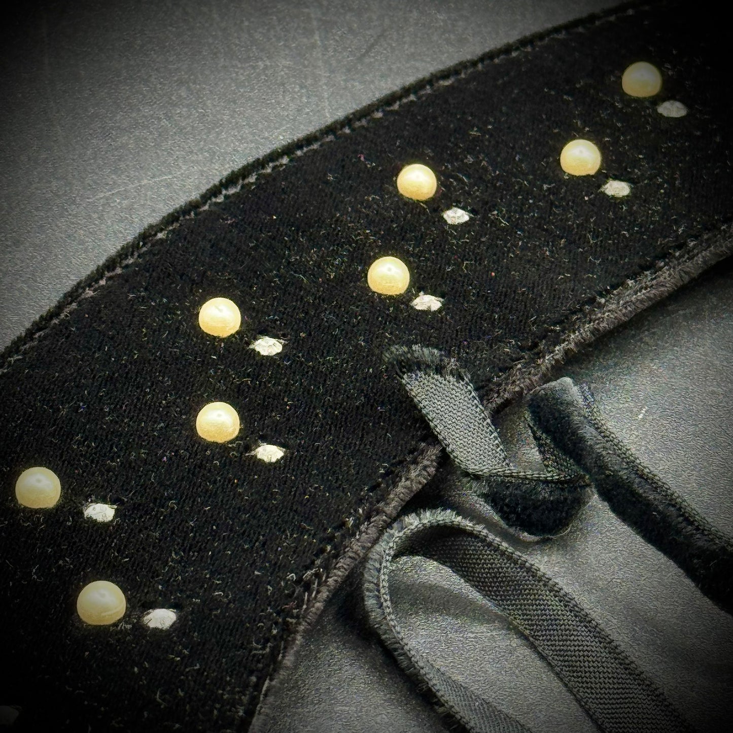Vintage Black Velvet Faux Pearl & Rhinestone Head Band/Bonnet