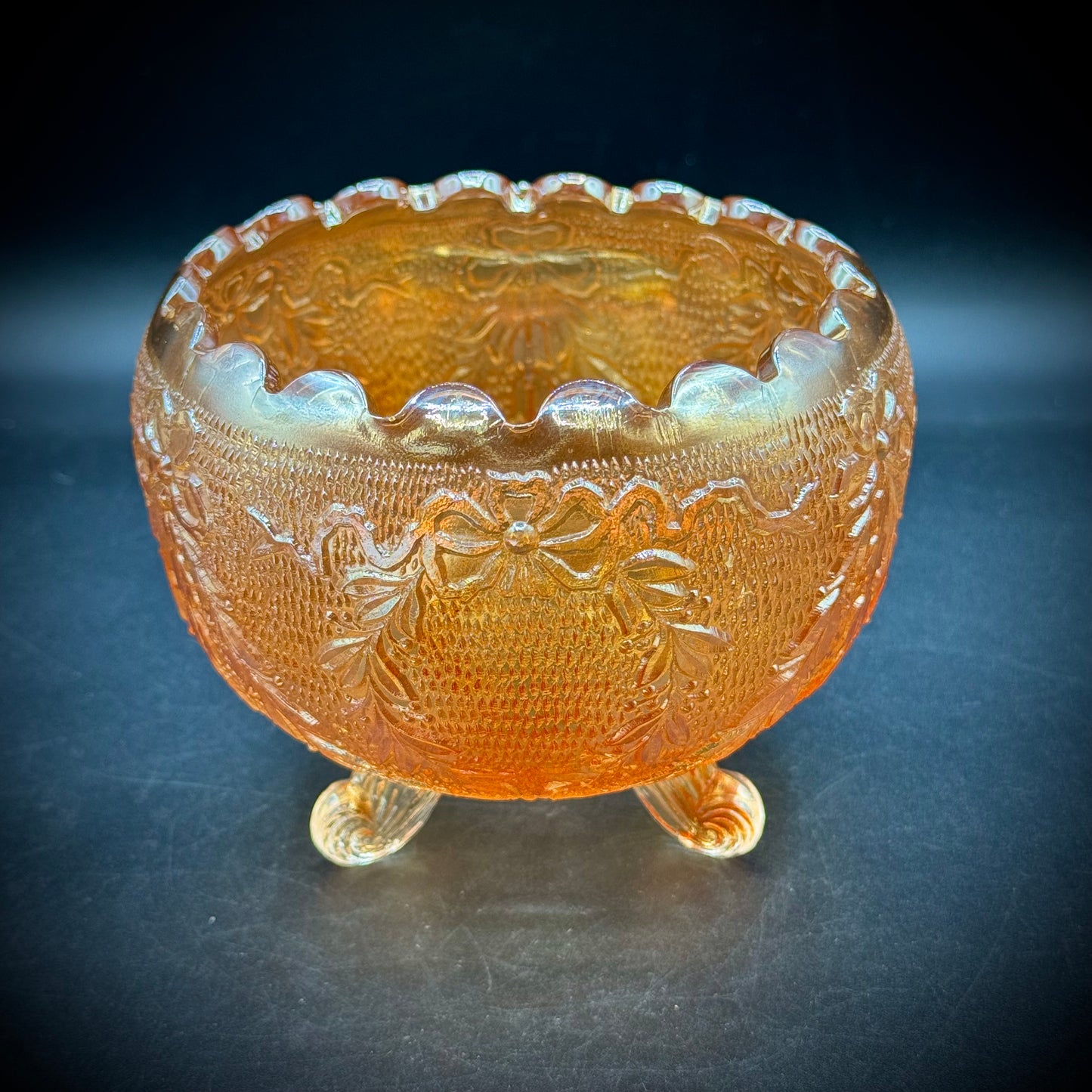 Vintage Fenton Marigold Carnival Glass Tri-Footed Bowl
