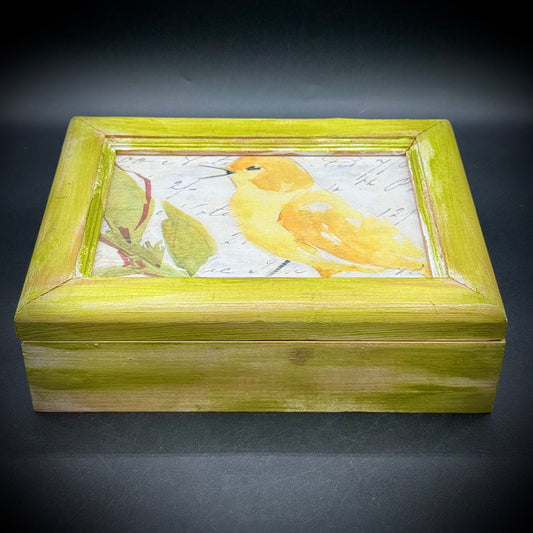 Lovely Green & Yellow Hand Painted Wood Bird Motif Jewelry Box