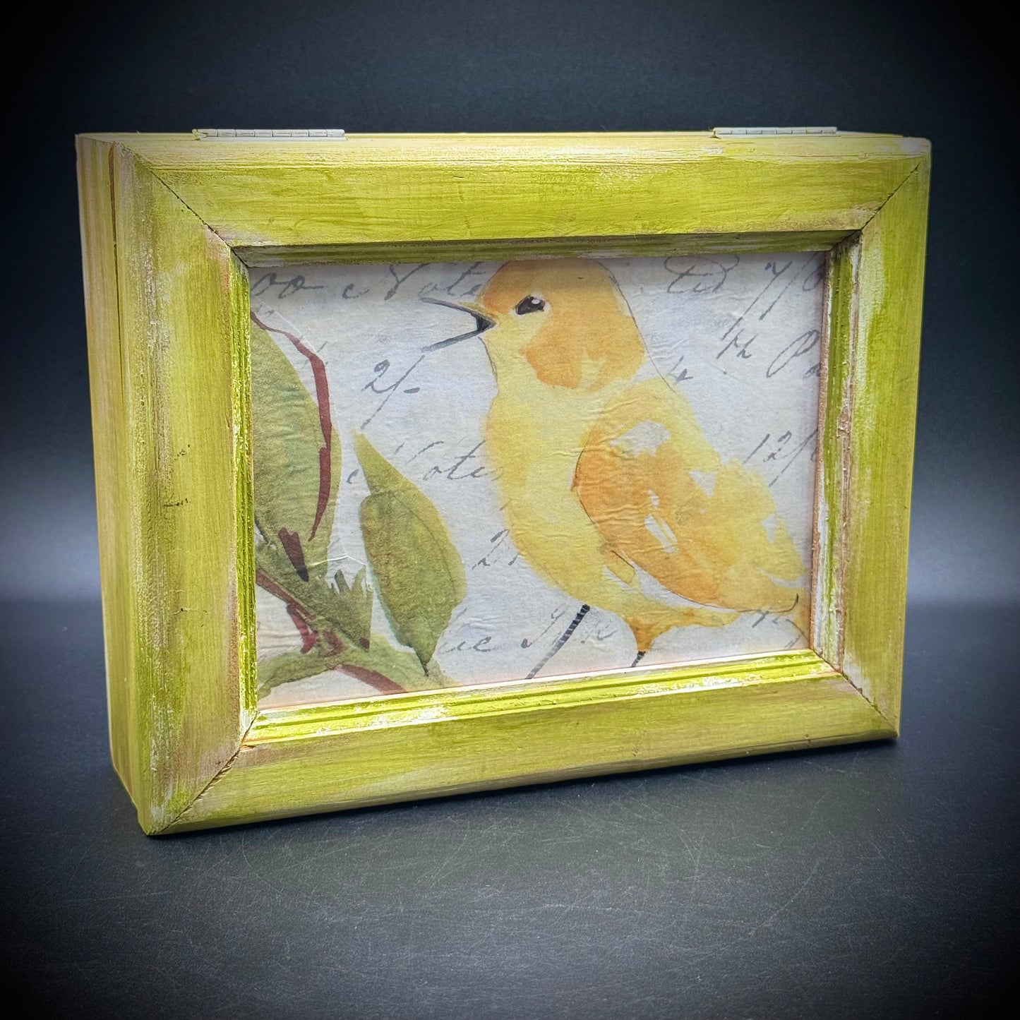 Lovely Green & Yellow Hand Painted Wood Bird Motif Jewelry Box