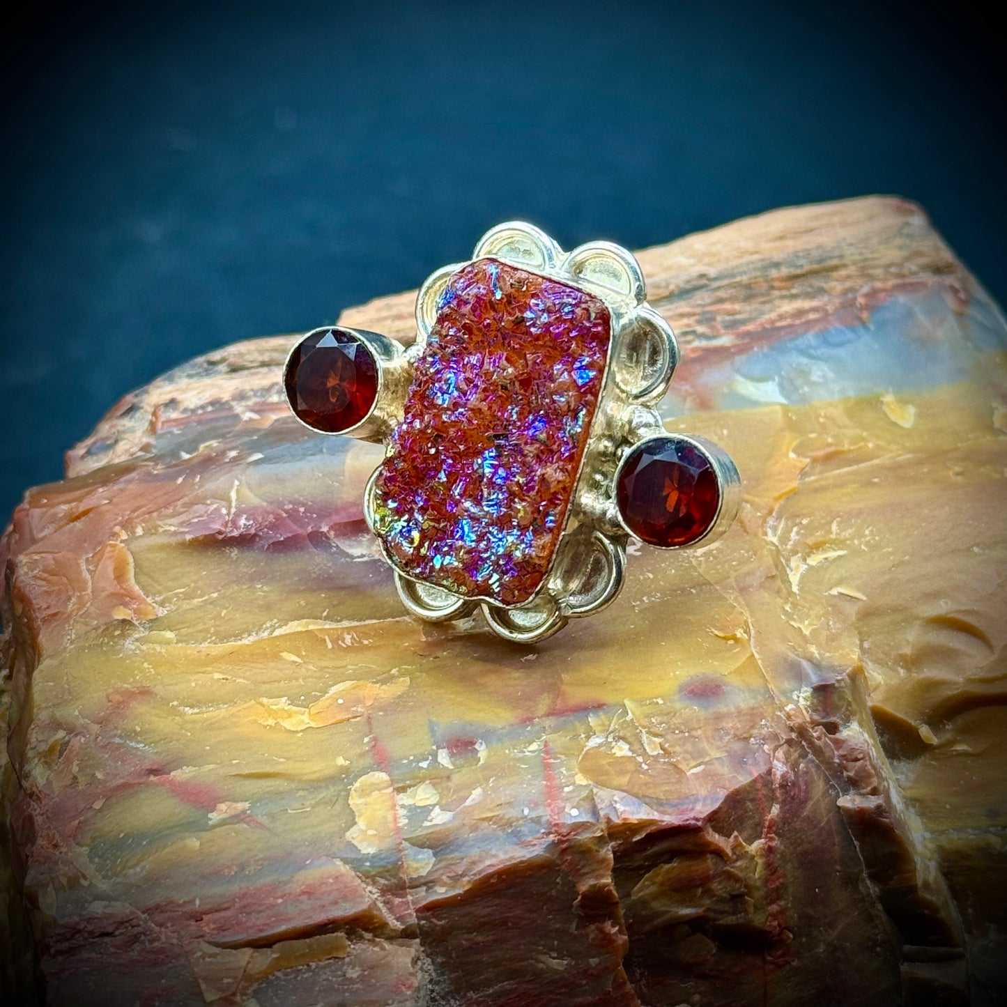 Sterling Silver Ring Druzy Stone & Garnets