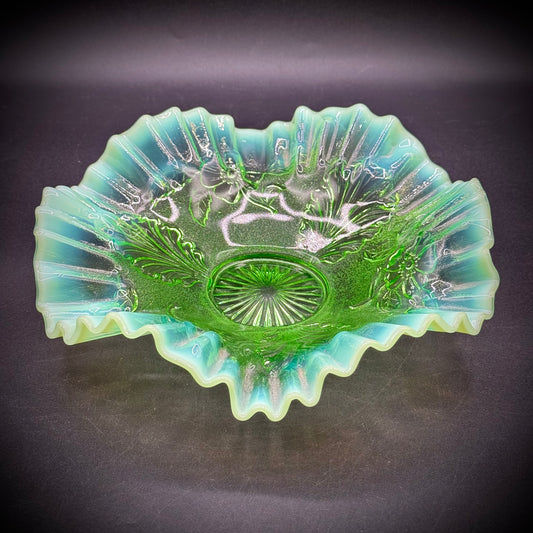Vintage Jefferson Glass Opalescent Green and Blue Ruffled Bowl