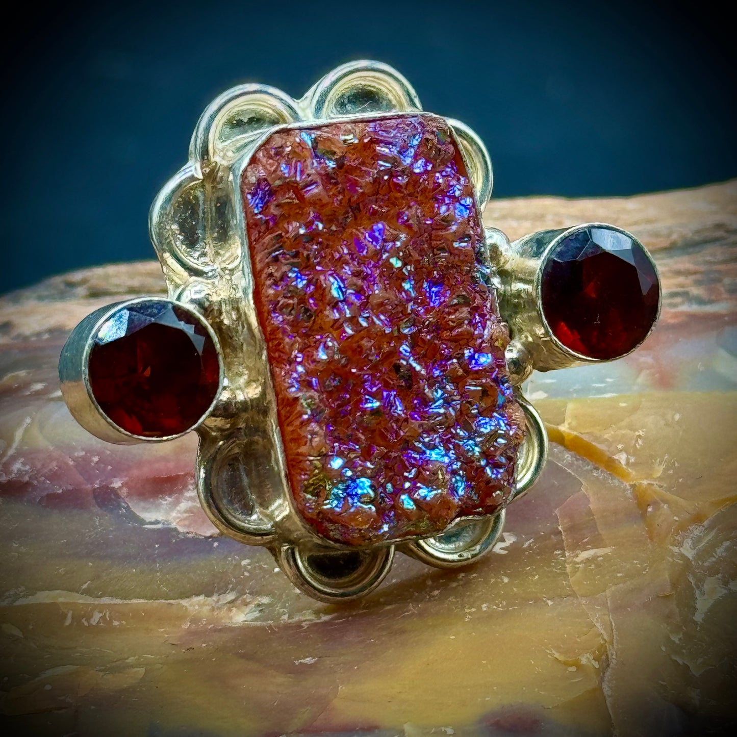 Sterling Silver Ring Druzy Stone & Garnets