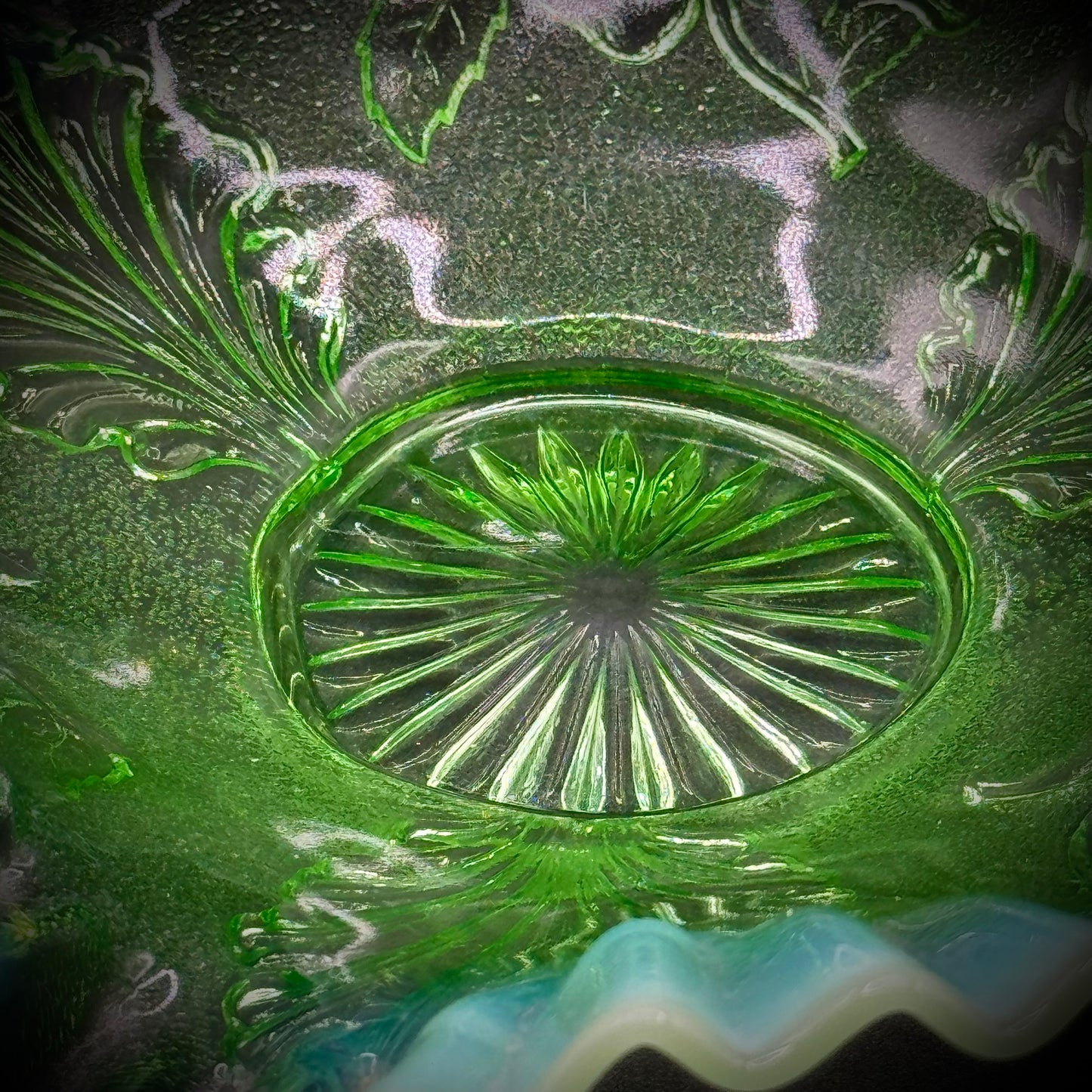 Vintage Jefferson Glass Opalescent Green and Blue Ruffled Bowl