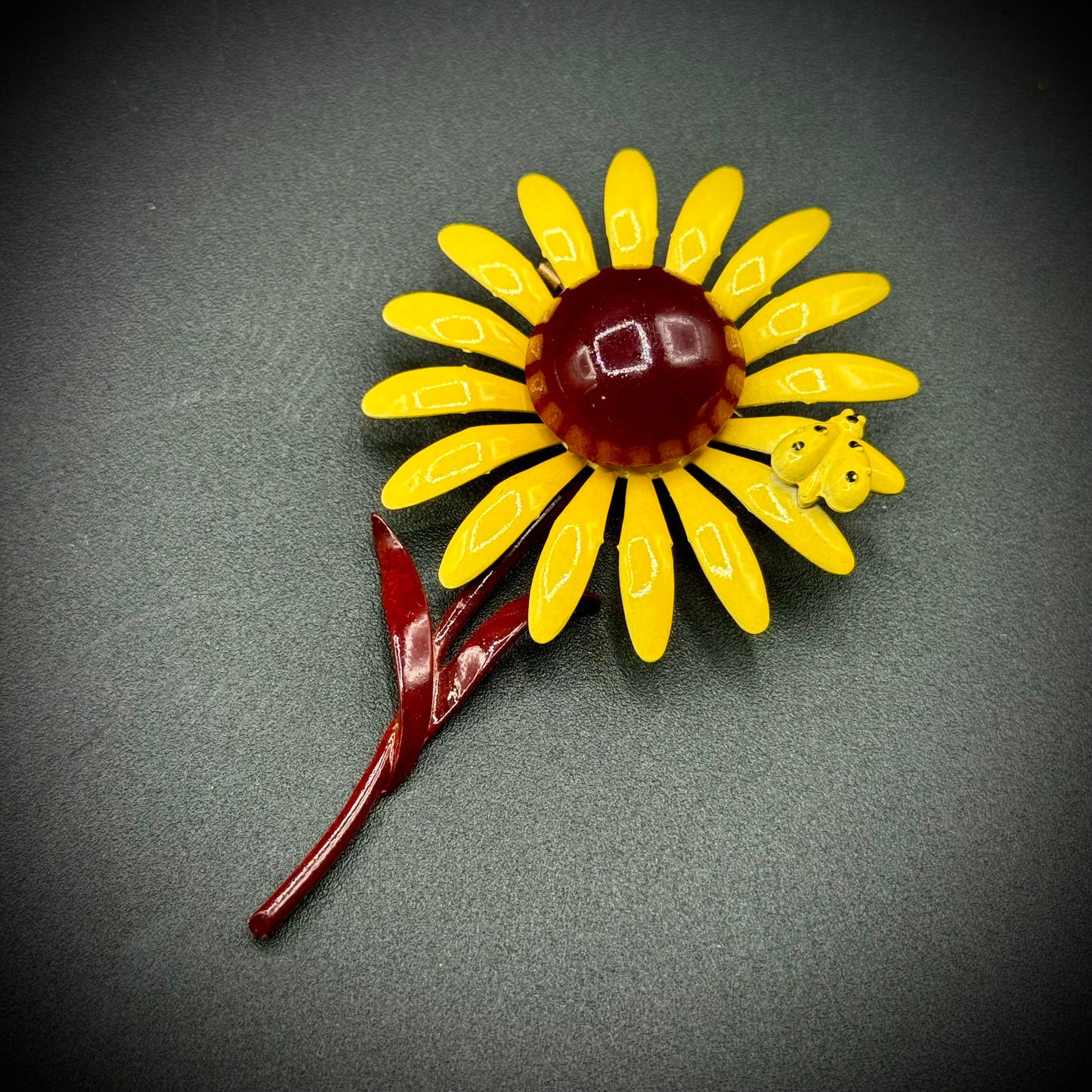 Vintage Enameled Sunflower Brooch with Bee