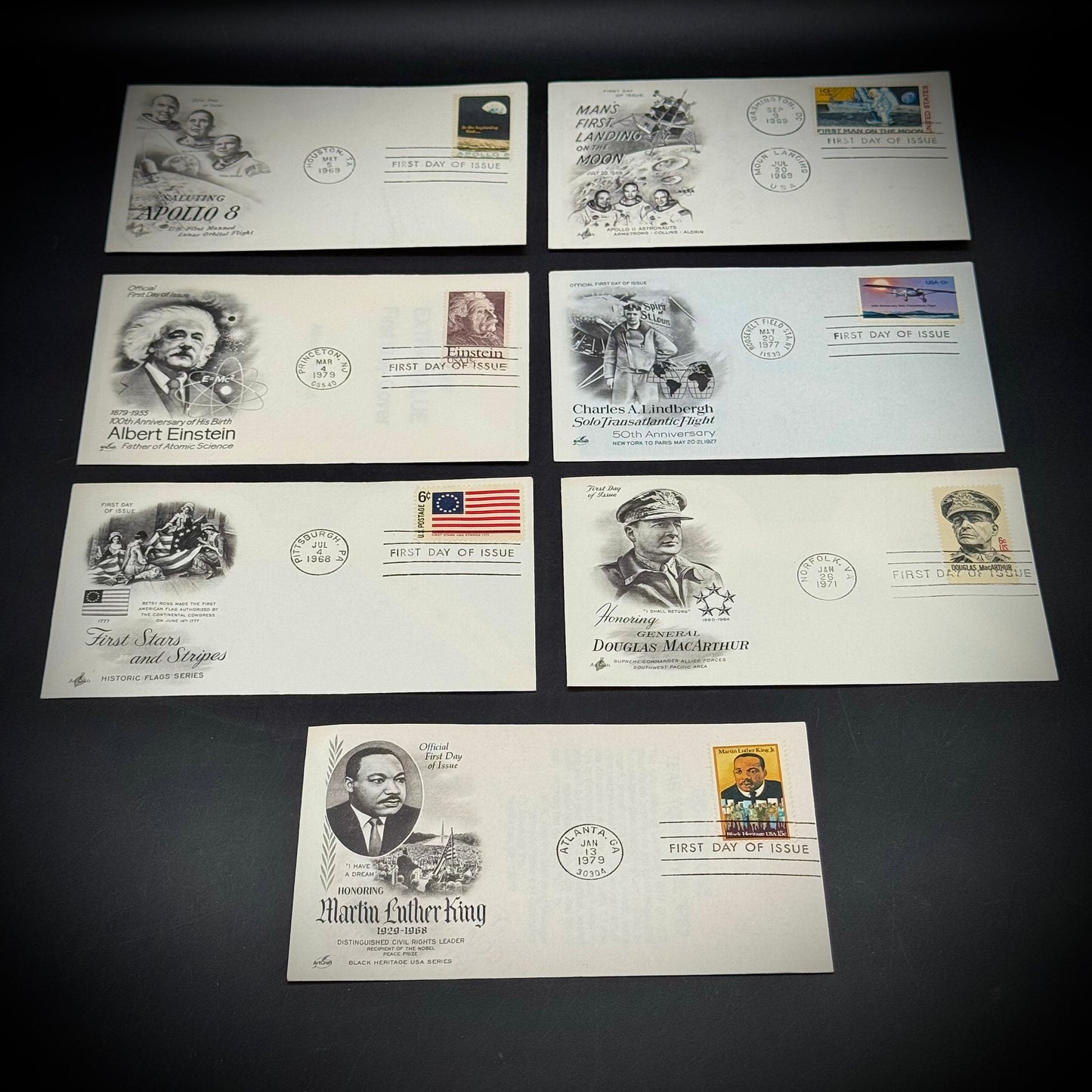 Collection of 7 Historic First Day Issue Stamps Including Apollo 11
