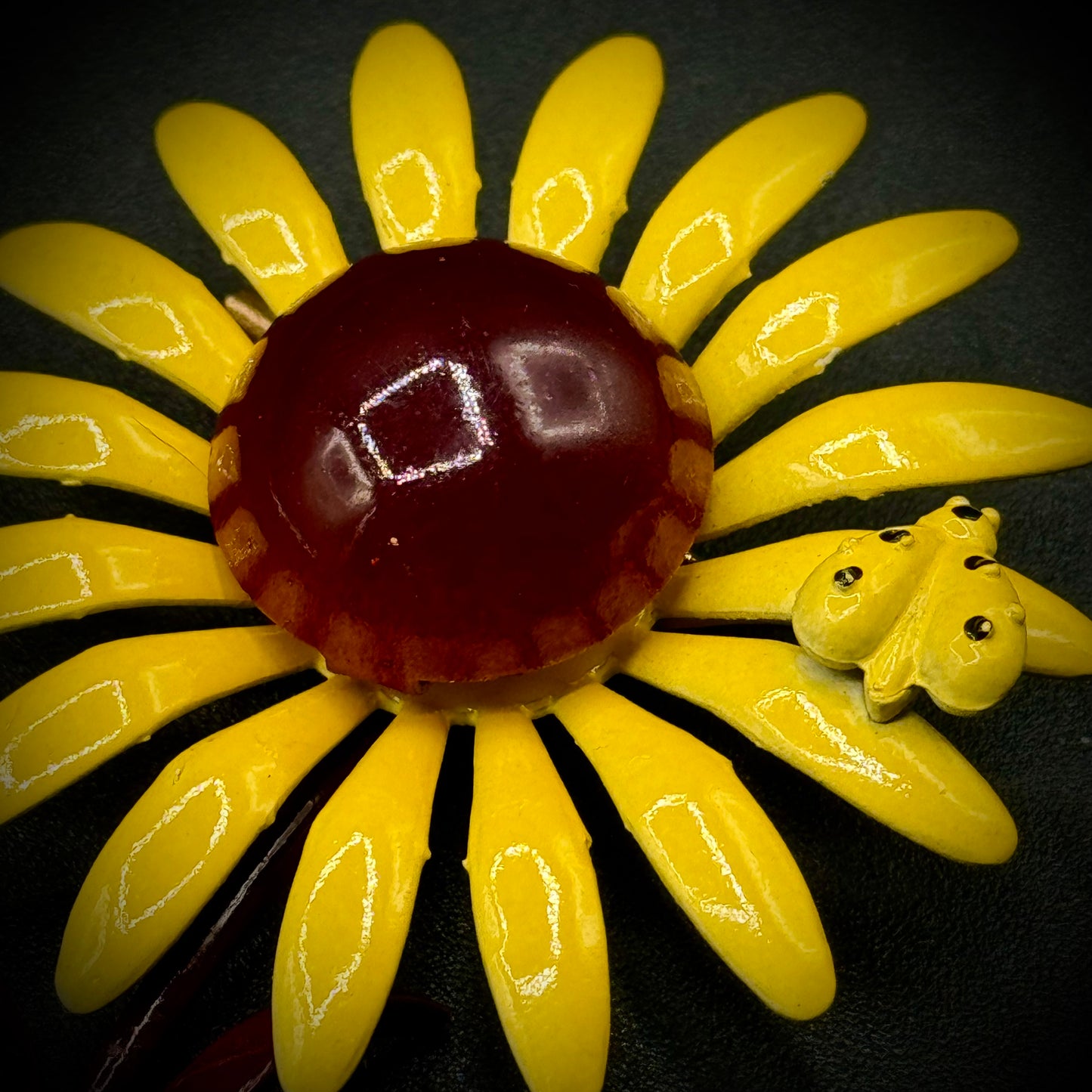 Vintage Enameled Sunflower Brooch with Bee