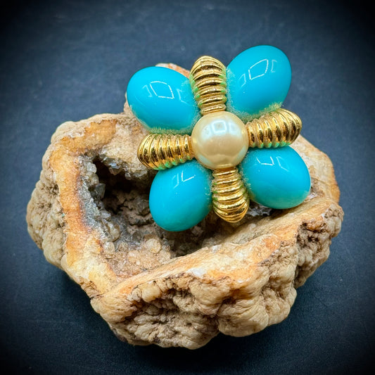 Vintage 1990s Joan Rivers Cruciform Faux Pearl & Turquoise Brooch