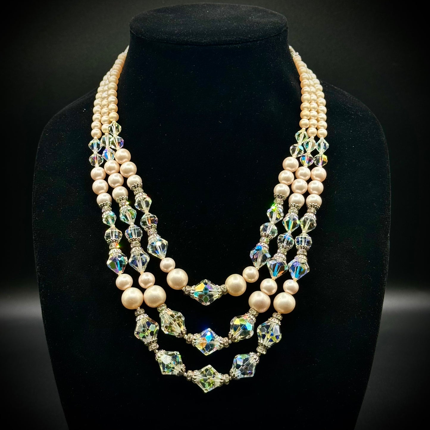 Vintage Three Strand Faux Pearl & Faceted Aurora Borealis Bead Necklace