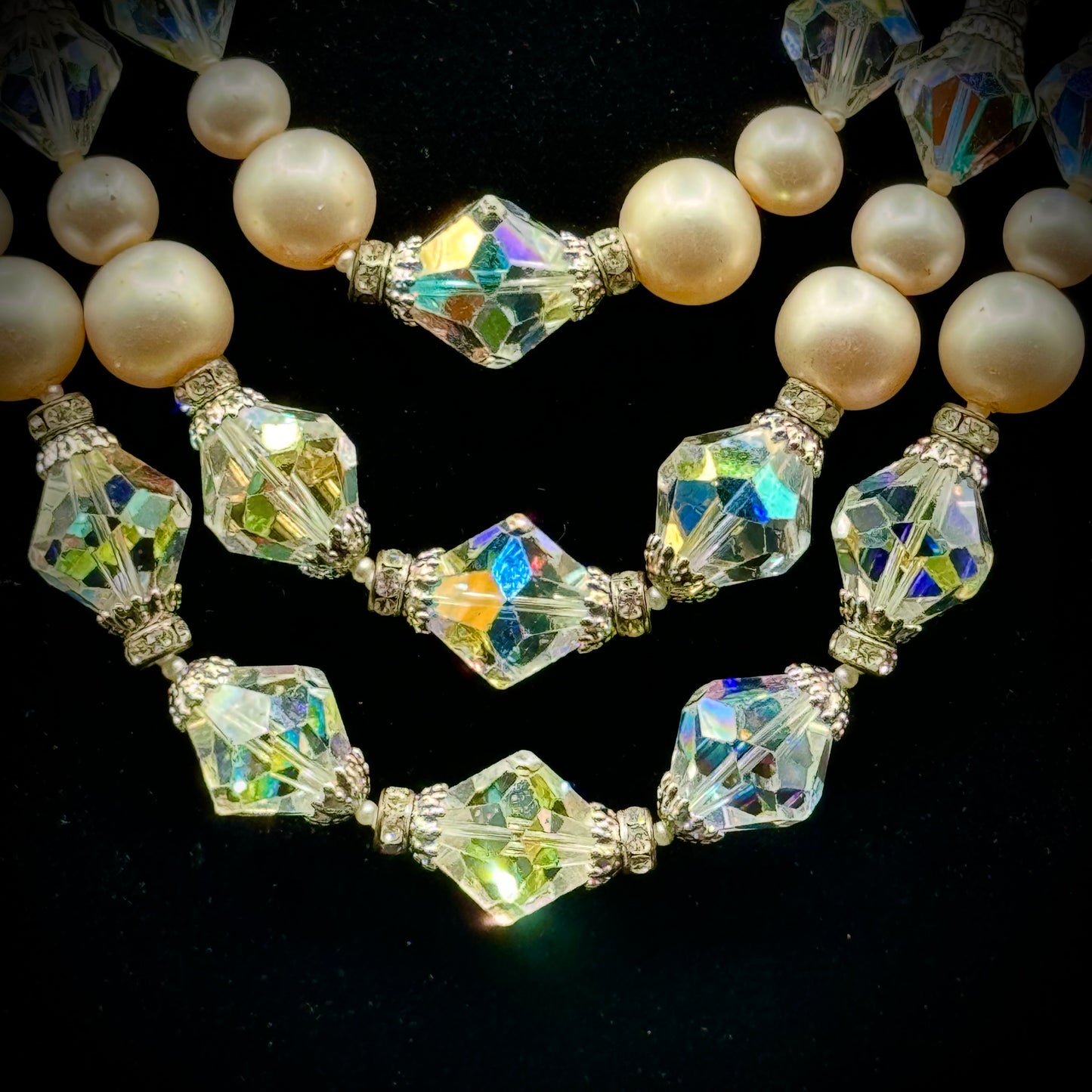 Vintage Three Strand Faux Pearl & Faceted Aurora Borealis Bead Necklace