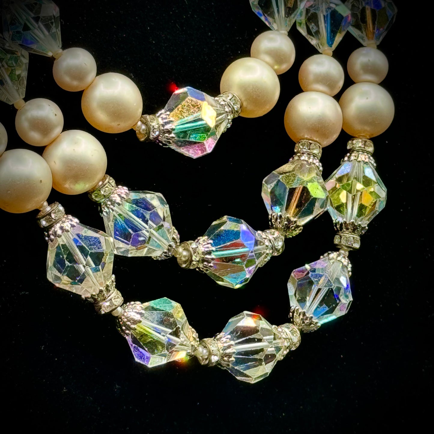 Vintage Three Strand Faux Pearl & Faceted Aurora Borealis Bead Necklace