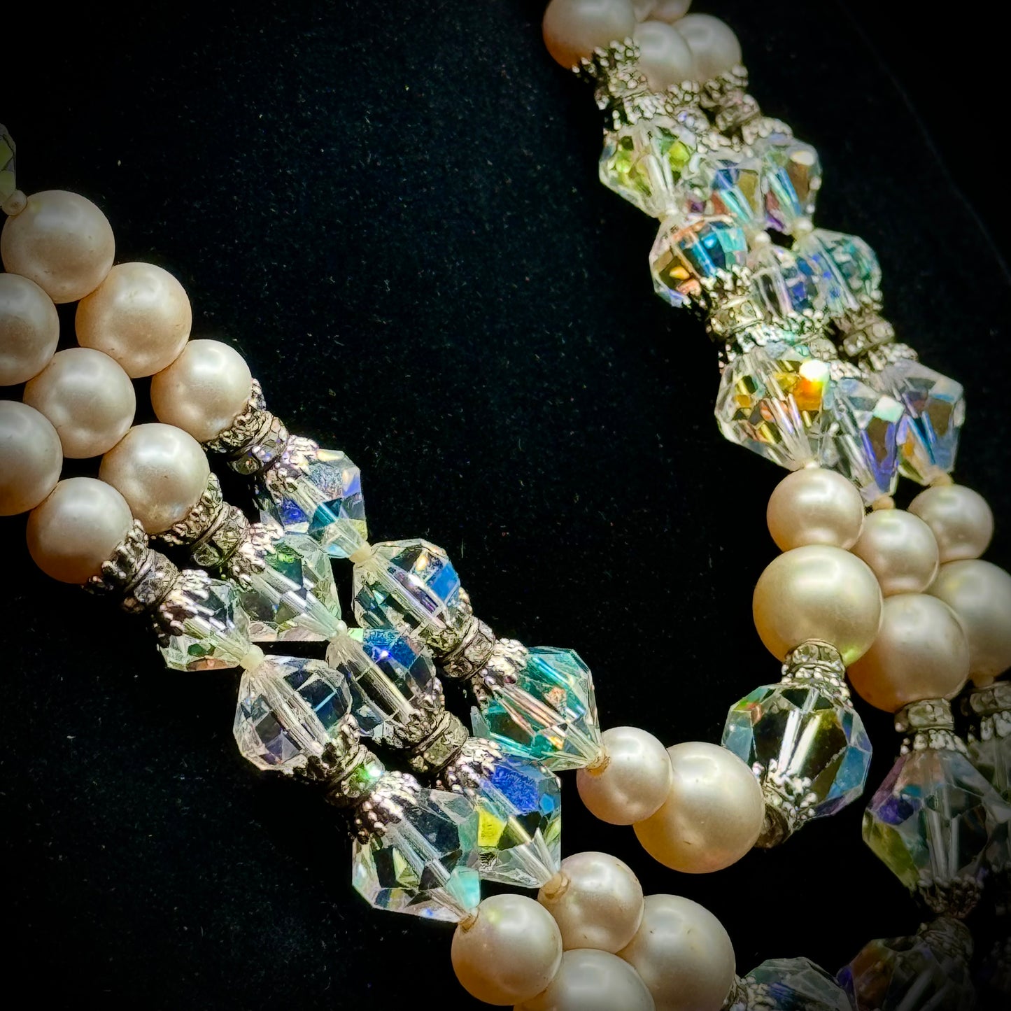 Vintage Three Strand Faux Pearl & Faceted Aurora Borealis Bead Necklace