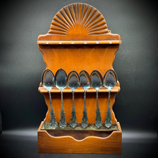 Vintage Wood Carved Spoon Rack with 6 Large Serving Spoons