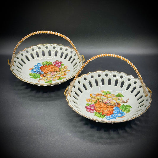 Pair of Vintage Nevco Japan Porcelain Flower Motif Handled Dishes