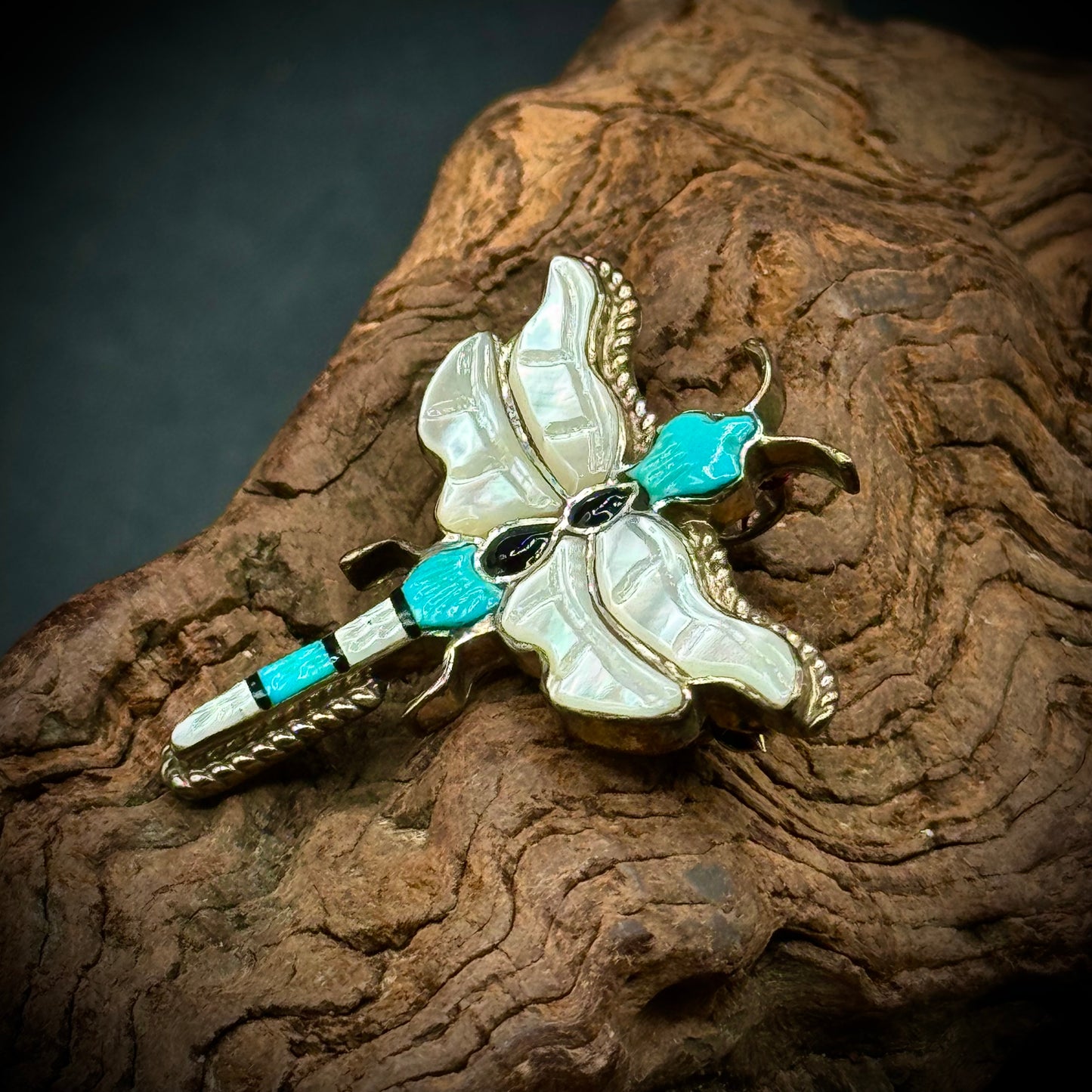 Sterling Silver Dragonfly Pin/Pendant with Turquoise, Onyx & Mother of Pearl