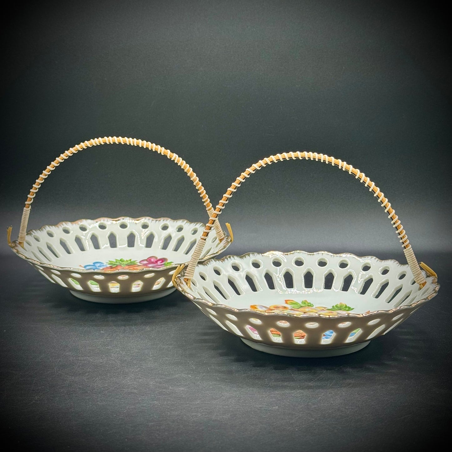 Pair of Vintage Nevco Japan Porcelain Flower Motif Handled Dishes