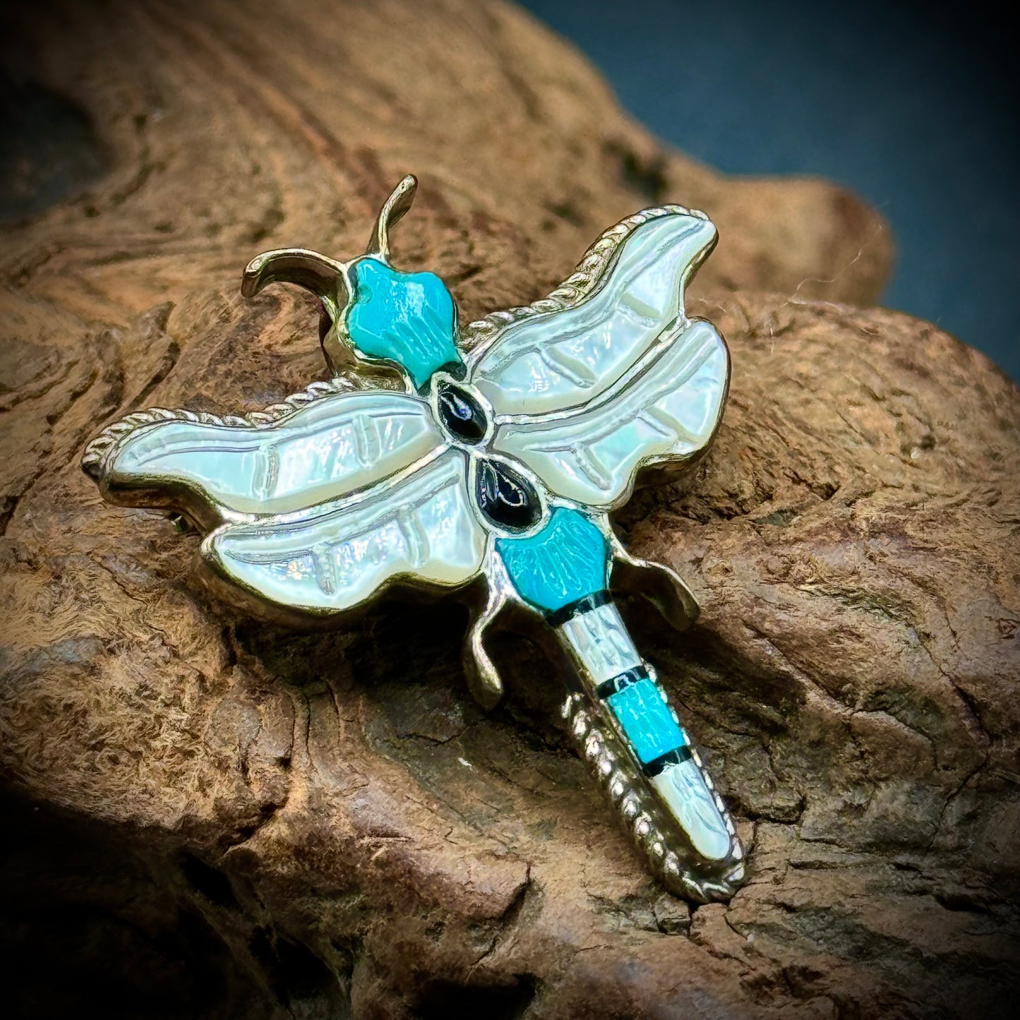 Sterling Silver Dragonfly Pin/Pendant with Turquoise, Onyx & Mother of Pearl